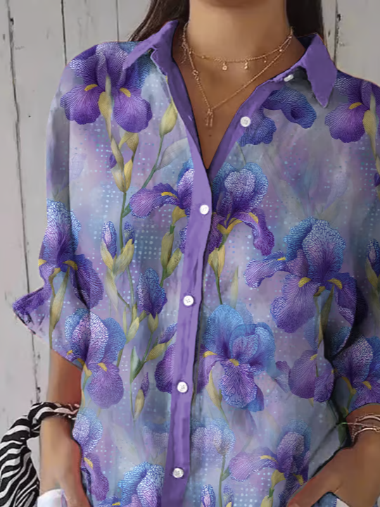 Women Casual Floral Loose Three Quarter Sleeve Shirt Collar Shirts