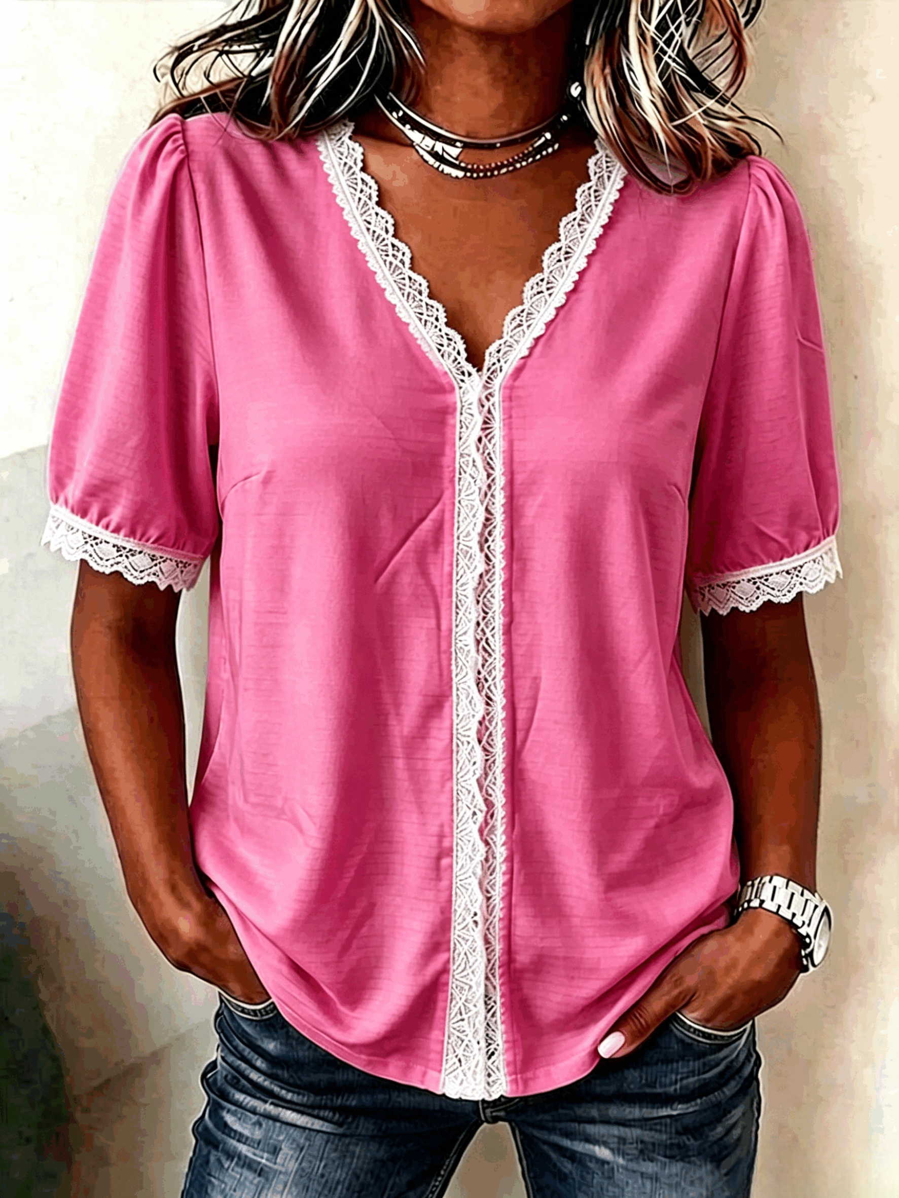 Plain Regular Fit V Neck Casual Blouse