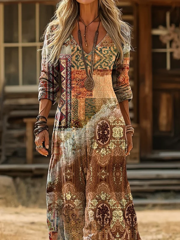 Women's Long Sleeve Spring/Fall As Picture Abstract Printing V Neck Daily Going Out Vintage Maxi H-Line Dress