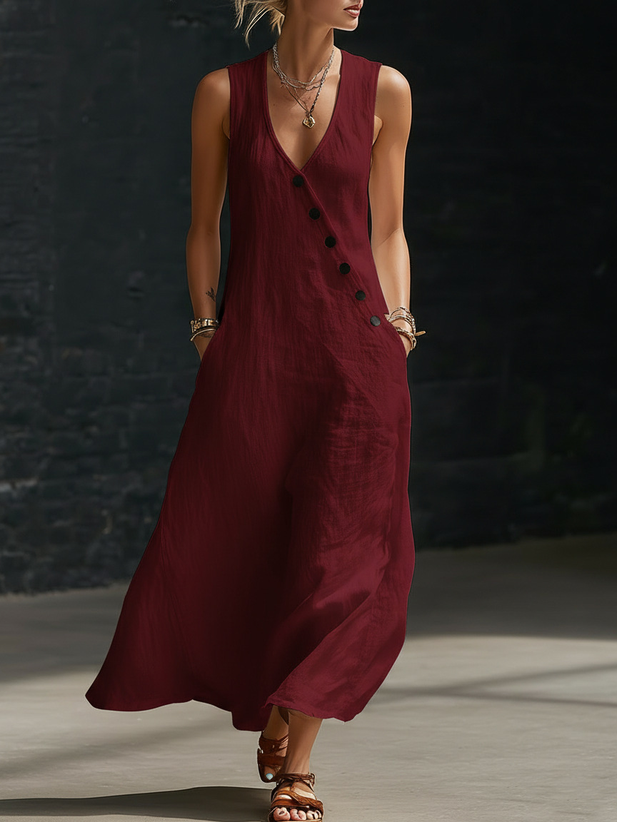 Women Cotton Linen Sleeveless V-Neck Button Vacation Going Out Maxi Dress
