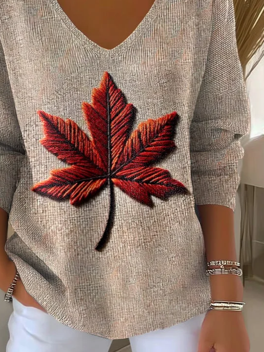 Women's Long Sleeve T-shirt Spring/Fall Oatmeal Maple Leaf Printing V Neck Daily Going Out Casual Top