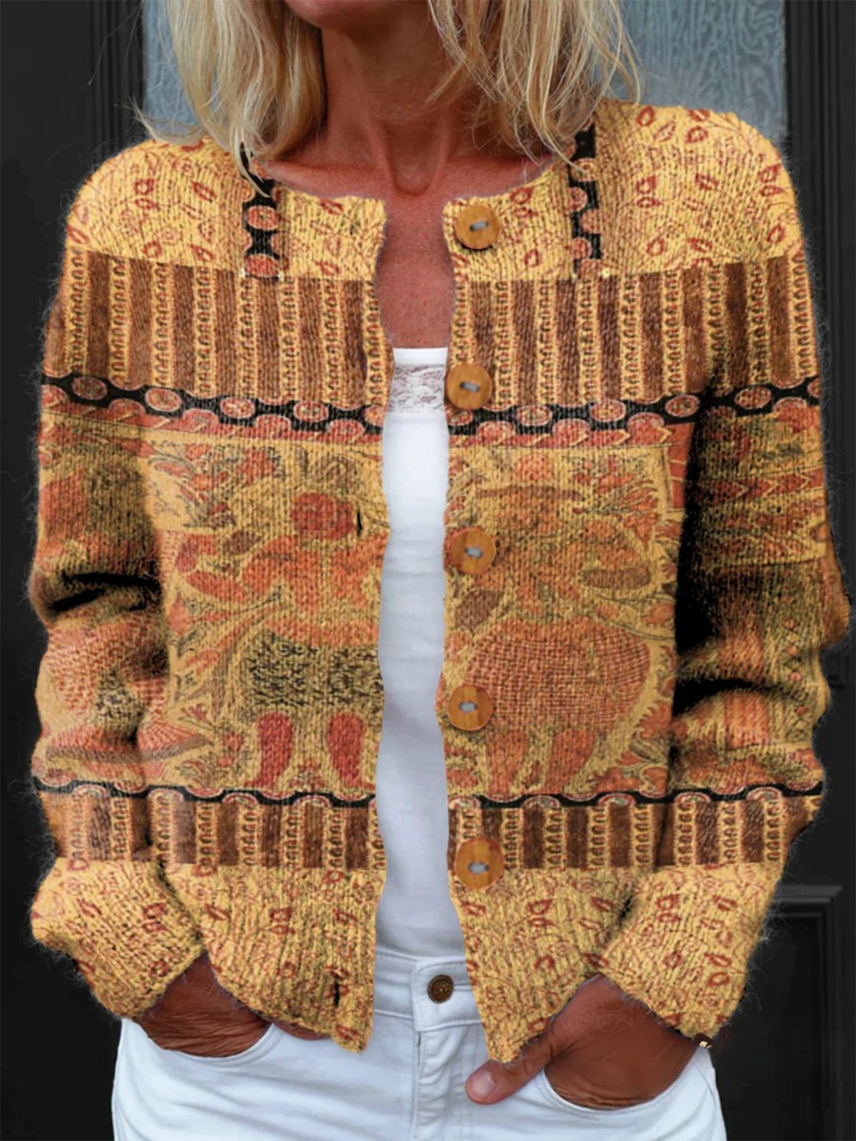 Women's National Totem Art Print Buttoned Cardigan Sweater