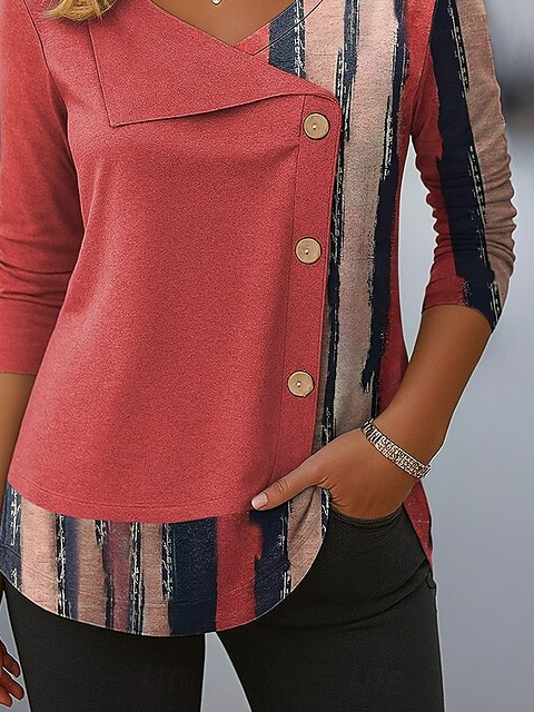 Women's Long Sleeve T-shirt Spring/Fall Deep Pink Striped Printing V Neck Daily Going Out Casual Top