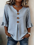 Women's Blue Striped Printed Half Ruffle Sleeve Blouse Summer V Neck Button Daily Going Out Vintage Top