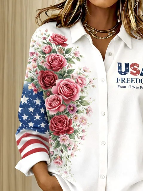 Women's American Flag Floral Casual Shirts