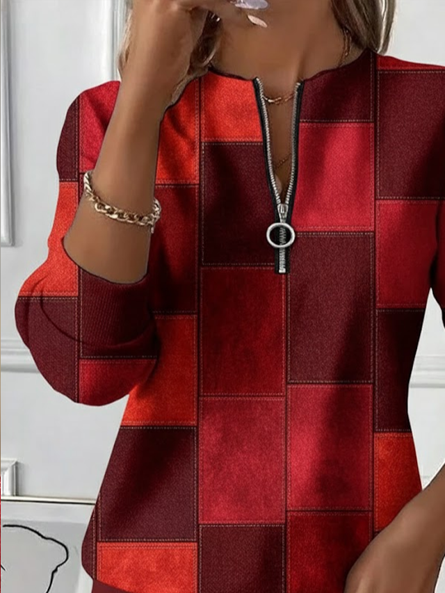 Women's Plaid Print Casual Zipper Long Sleeve Sweatshirt