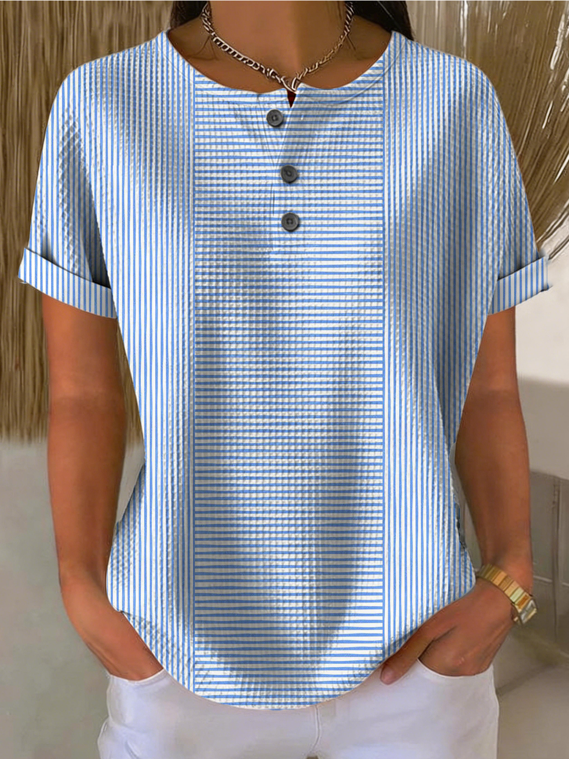 Women's Blue White Striped Henley Top Casual Short Sleeve Button T-Shirt