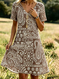 Women's Vintage Paisley Cashew Floral V-Neck Short-Sleeve Casual Dress