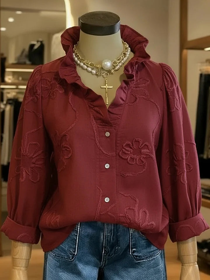 Women Elegant Ruffle Embroidery Patterns Floral The Quarter Sleeve V Neck Spring Summer Going Out Casual Blouse