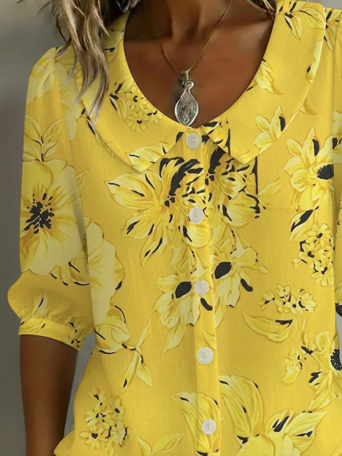 Women's Half Sleeve Shirt Summer Yellow Floral Printing Shawl Collar Daily Going Out Casual Top