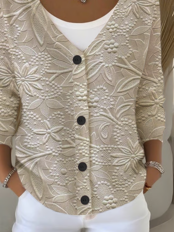 Women's Floral Print Casual Long Sleeve V-Neck Knitted Button Cardigan