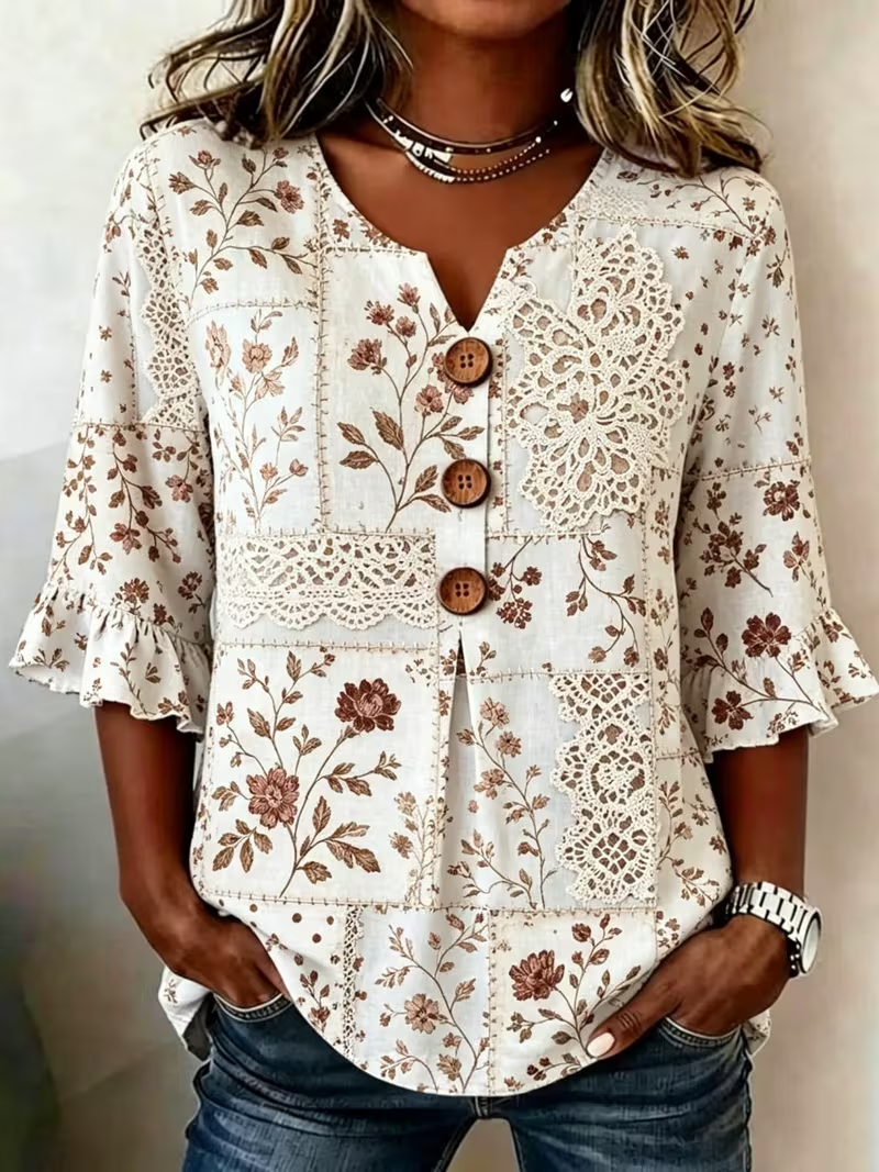 Women's Half Sleeve Blouse Summer Apricot Floral Printing V Neck Daily Going Out Vintage Top