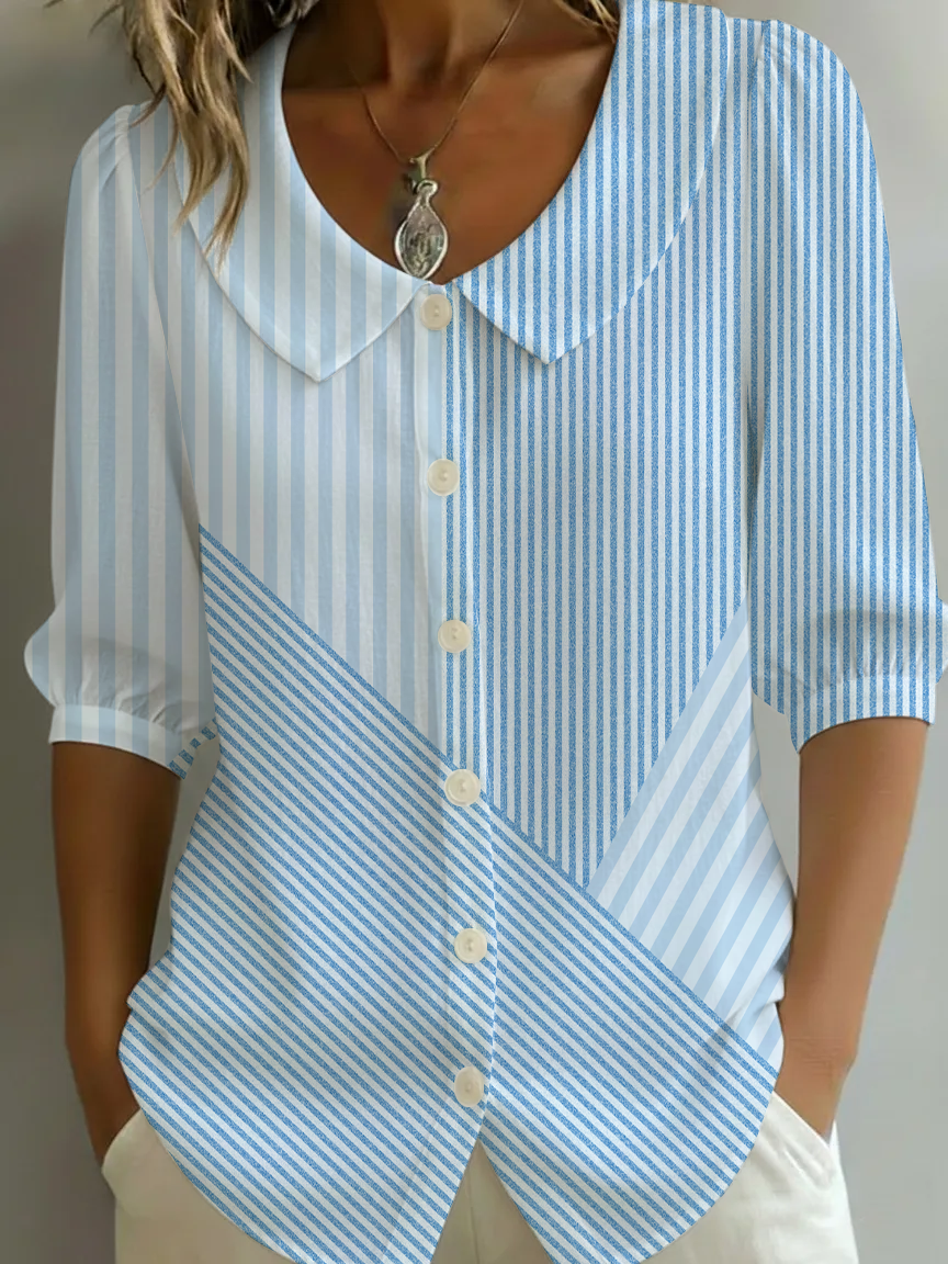 Women's Half Sleeve Shirt Summer Blue Striped Printing Shawl Collar Daily Going Out Casual Top