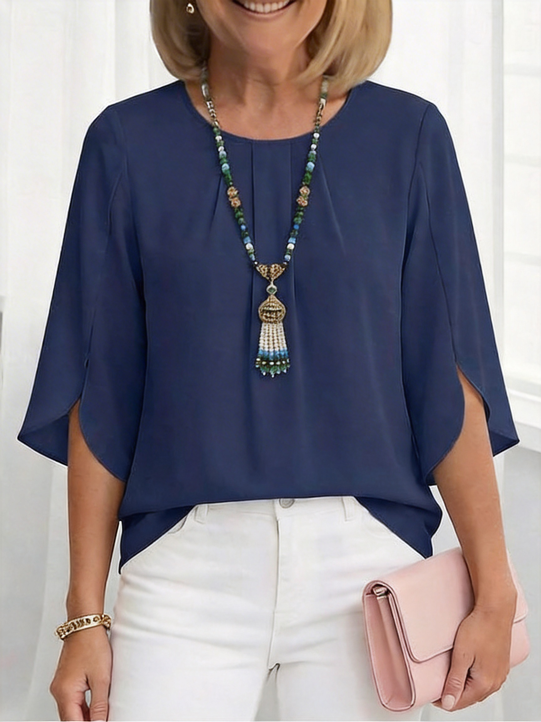 Solid Round Neck Ruffle Sleeve Loose Fit T-Shirt