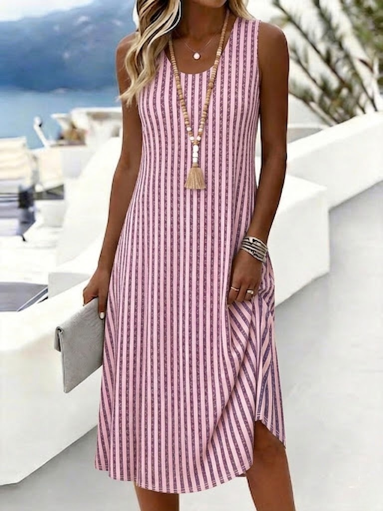 Women's Casual Sleeveless Striped Midi Dress Pink Purple Boho Summer A-Line Tank Dress for Beach Vacation