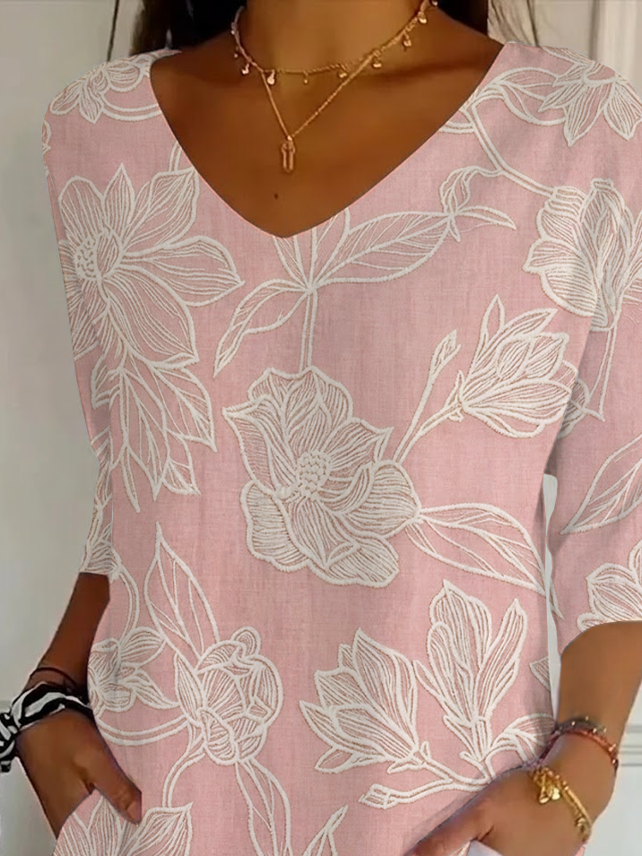 Women's Three Quarter Sleeve T-shirt Spring/Fall Pink Floral Printing V Neck Daily Going Out Casual Top