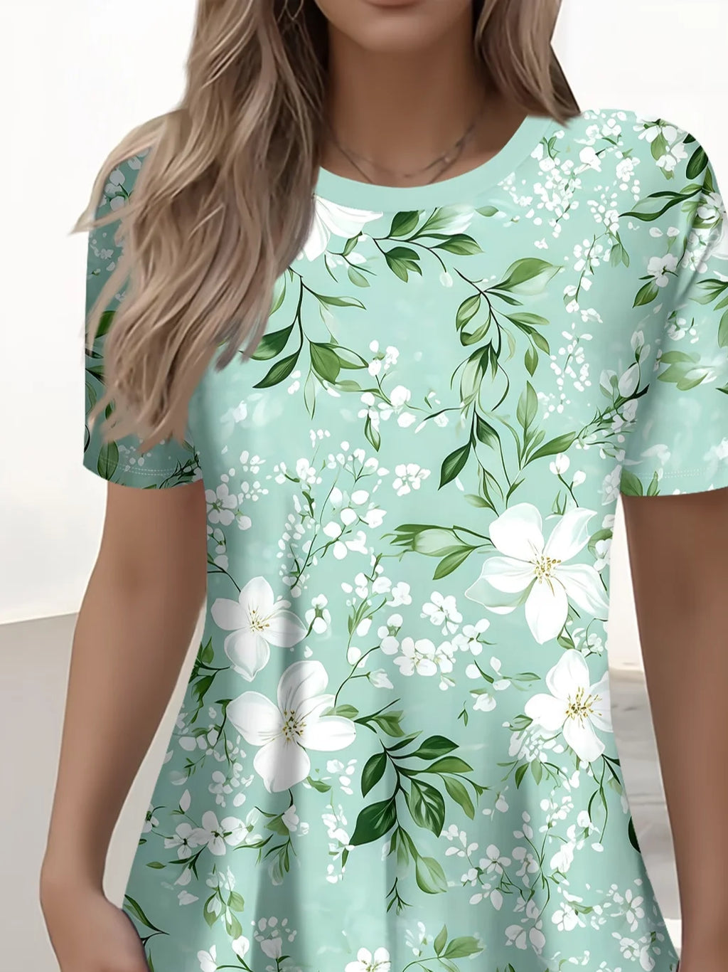 Women's Short Sleeve T-shirt Summer Green Floral Printing Jersey Crew Neck Daily Going Out Casual Top