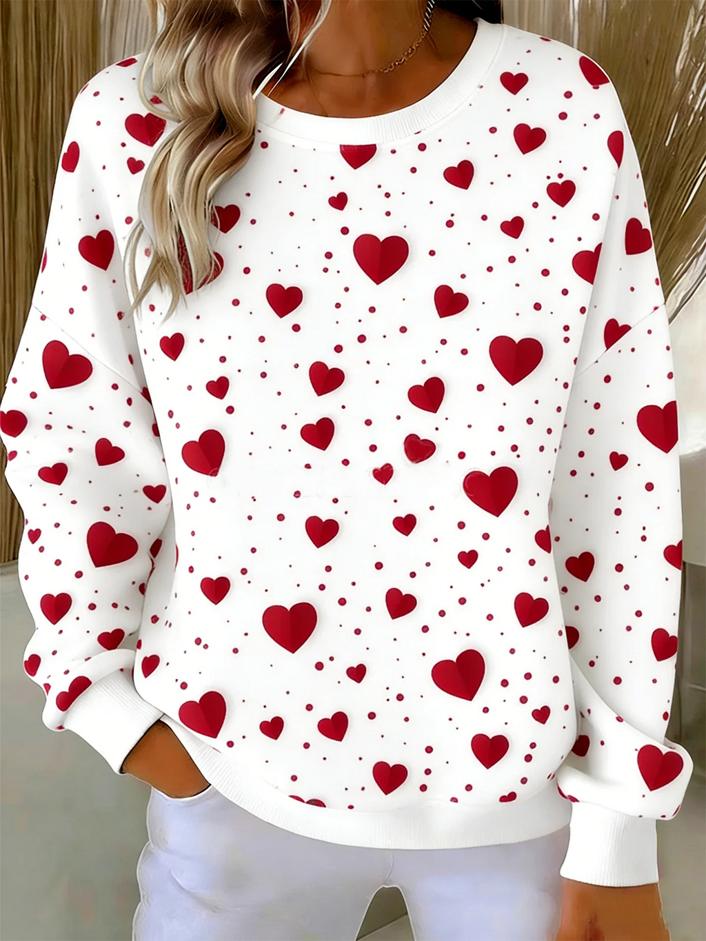 Cotton-Blend Casual Loose Heart/Cordate Sweatshirt
