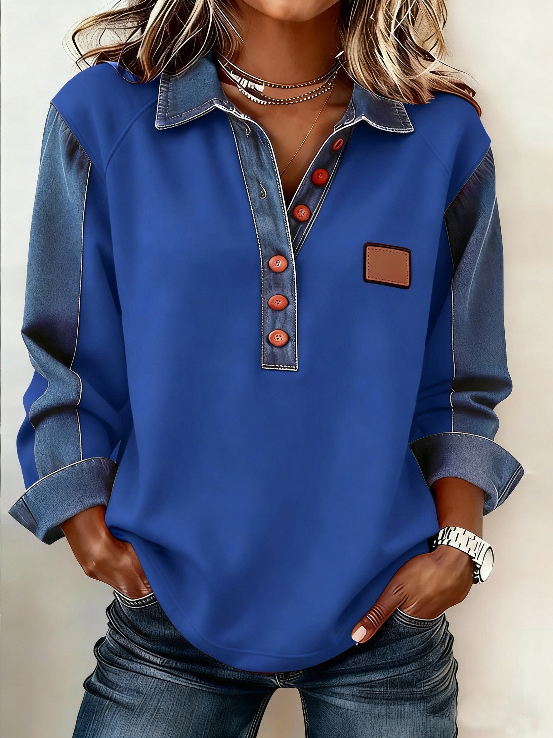 Denim Color Block Polo Shirt Long Sleeve Plain Casual Blouse