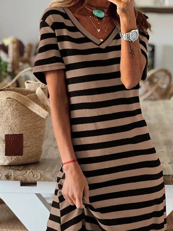 Women's Short Sleeve Summer White Striped Split Joint V Neck Daily Going Out Casual Maxi A-Line T-Shirt Dress Dress