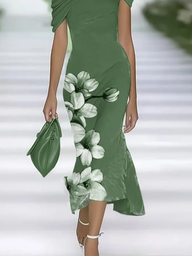 Women's Cap Sleeve Summer Green Floral Printing Cold Shoulder Daily Going Out Vintage Maxi H-Line Dress