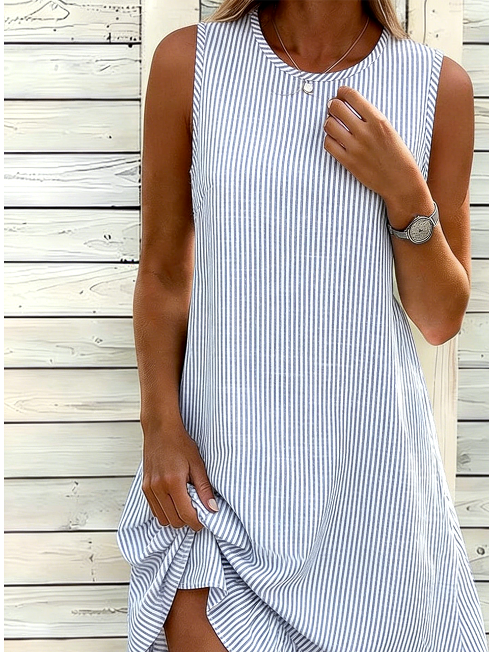 Crew Neck Striped Dress With No