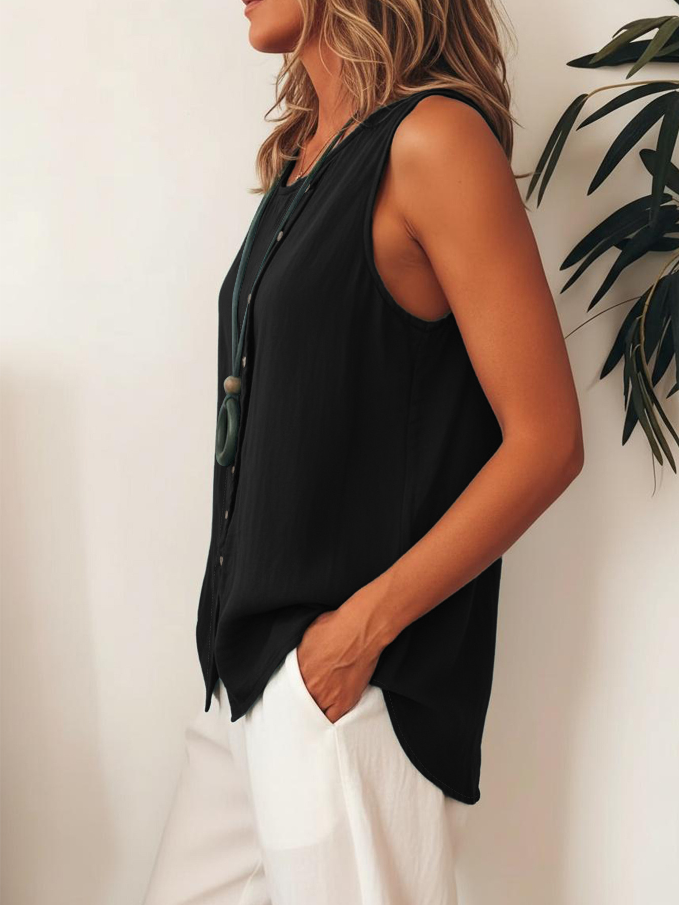 Plain Viscose Round Neck Sleeveless Button Summer Casual Boho Top