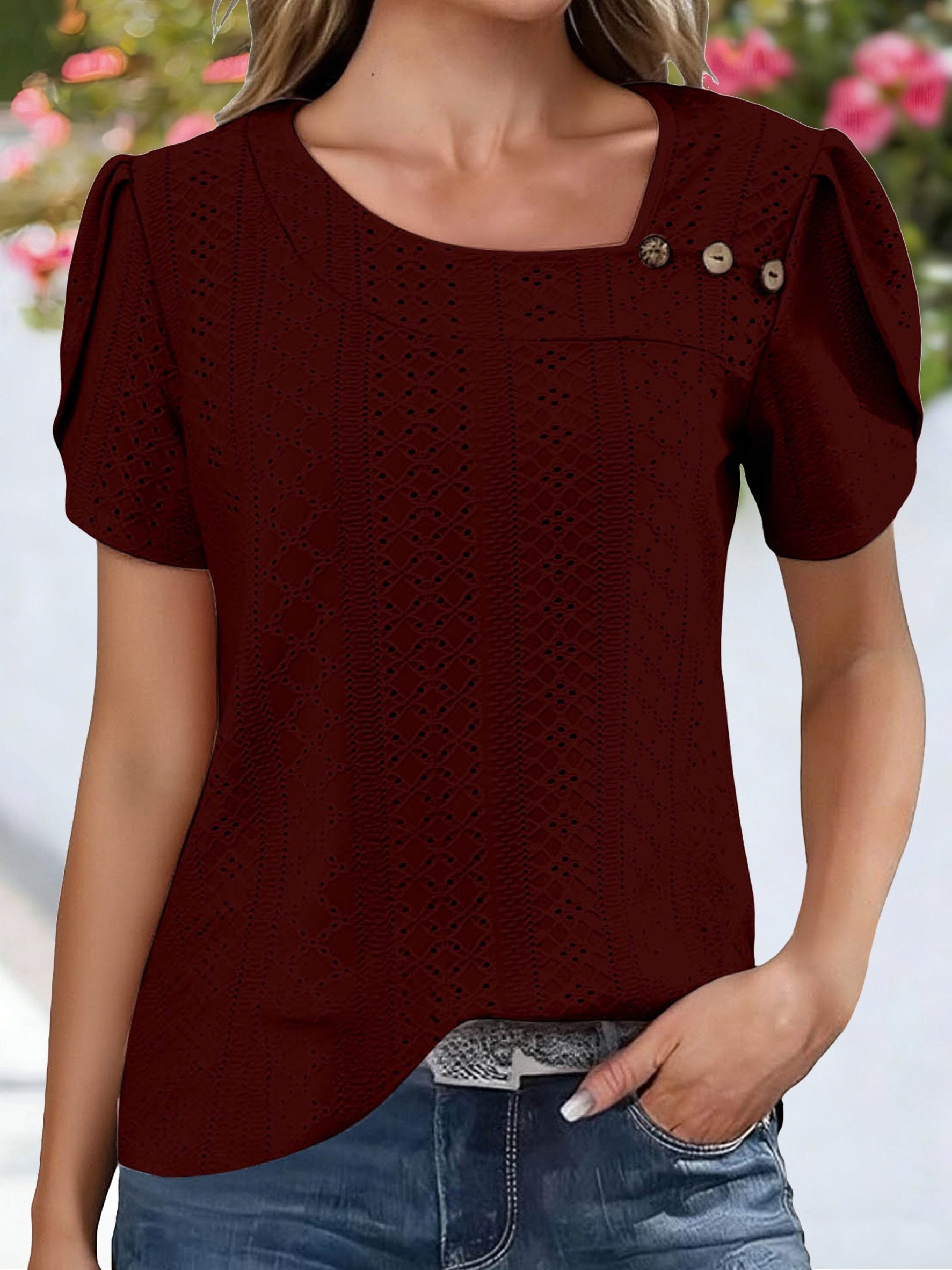 Asymmetrical Neck Button Short Sleeve Summer Going Out Casual T-Shirt