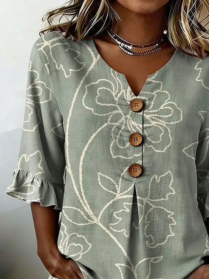 Women's Half Sleeve Blouse Summer Green Floral Printing V Neck Daily Going Out Vintage Top