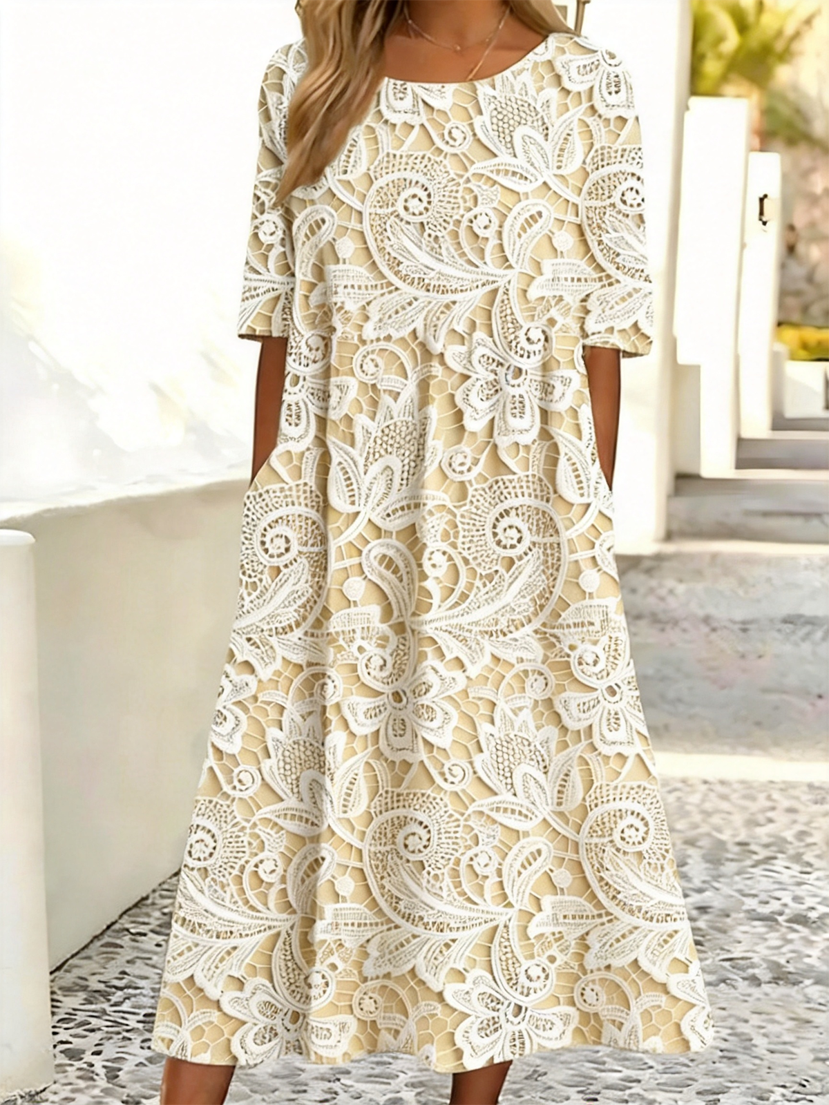 Womens Light Blue White Lace Floral Print Maxi Dress Round Neck Half Sleeve A Line Dress With Pockets