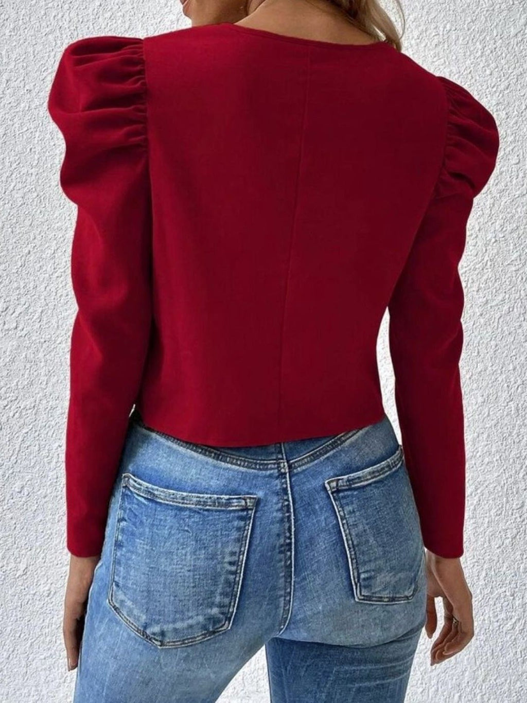 Plain Puff Sleeve Crew Neck Simple Zipper Jacket