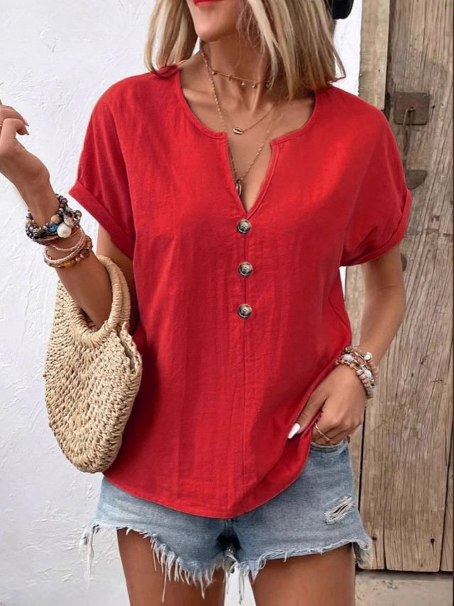 Women's Short Sleeve T-Shirt Summer Orange Solid V-Neck Bat Sleeve Daily Outing Casual Tops