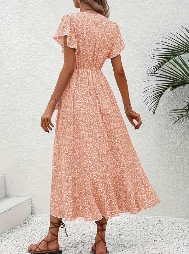 V Neck Ditsy Floral Regular Fit Elegant Dress With No