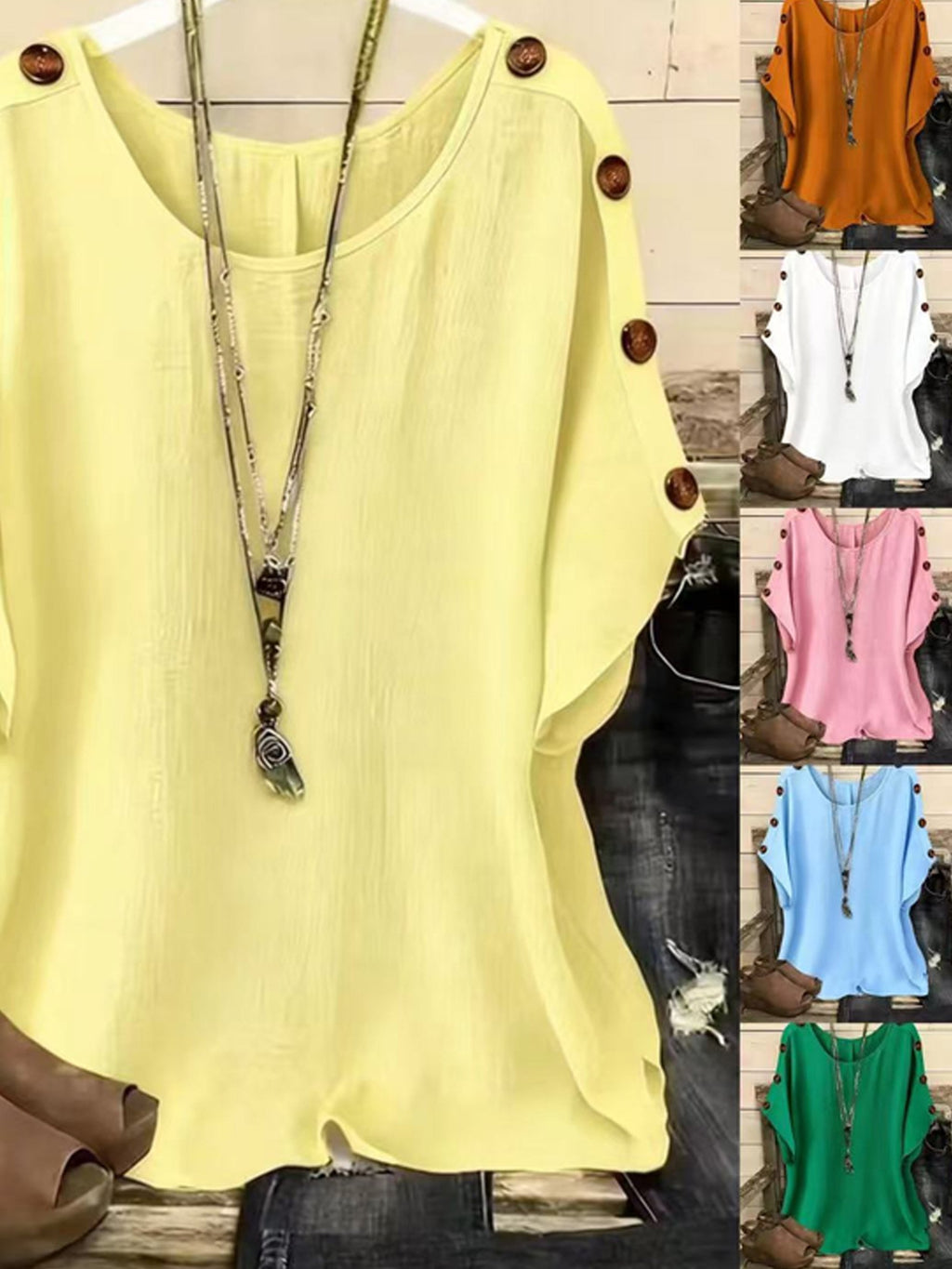 Plain Short Sleeve Round Neck Button Summer Casual Top