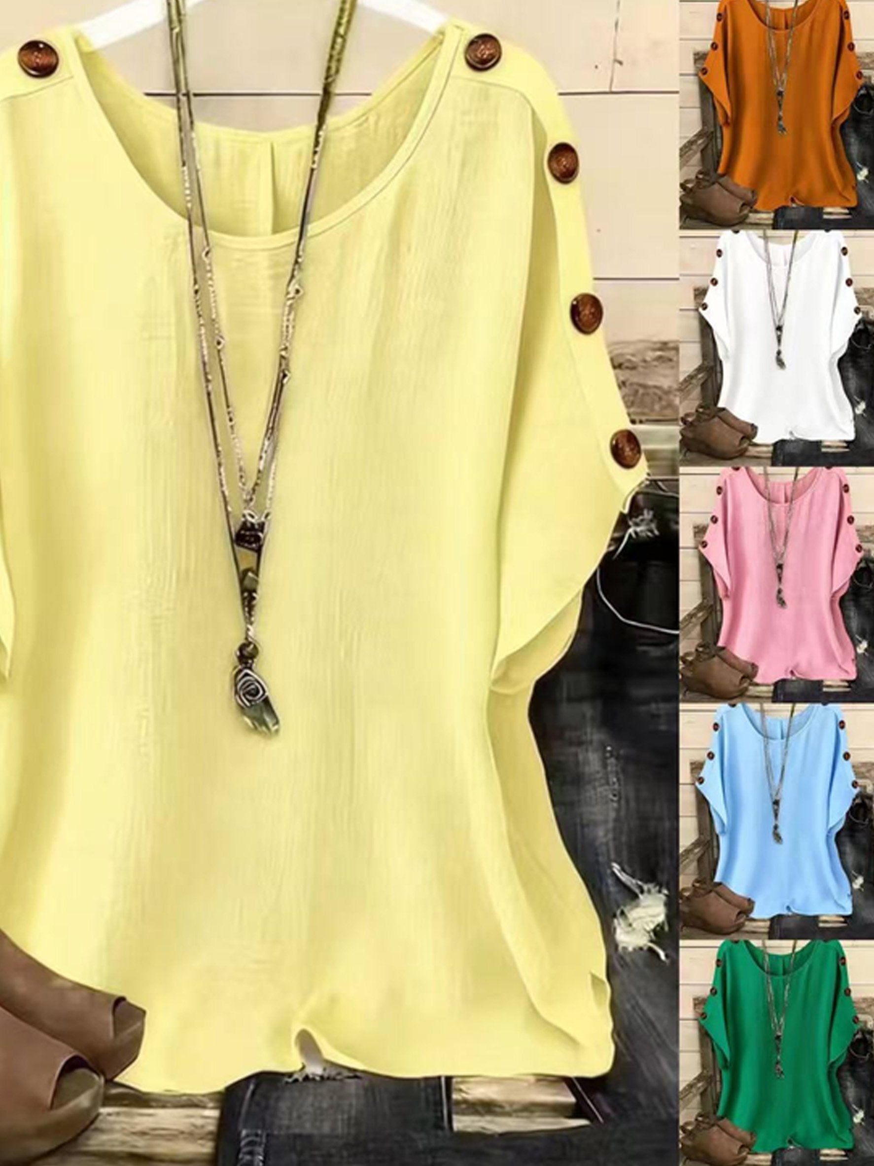 Plain Short Sleeve Round Neck Button Summer Casual Top
