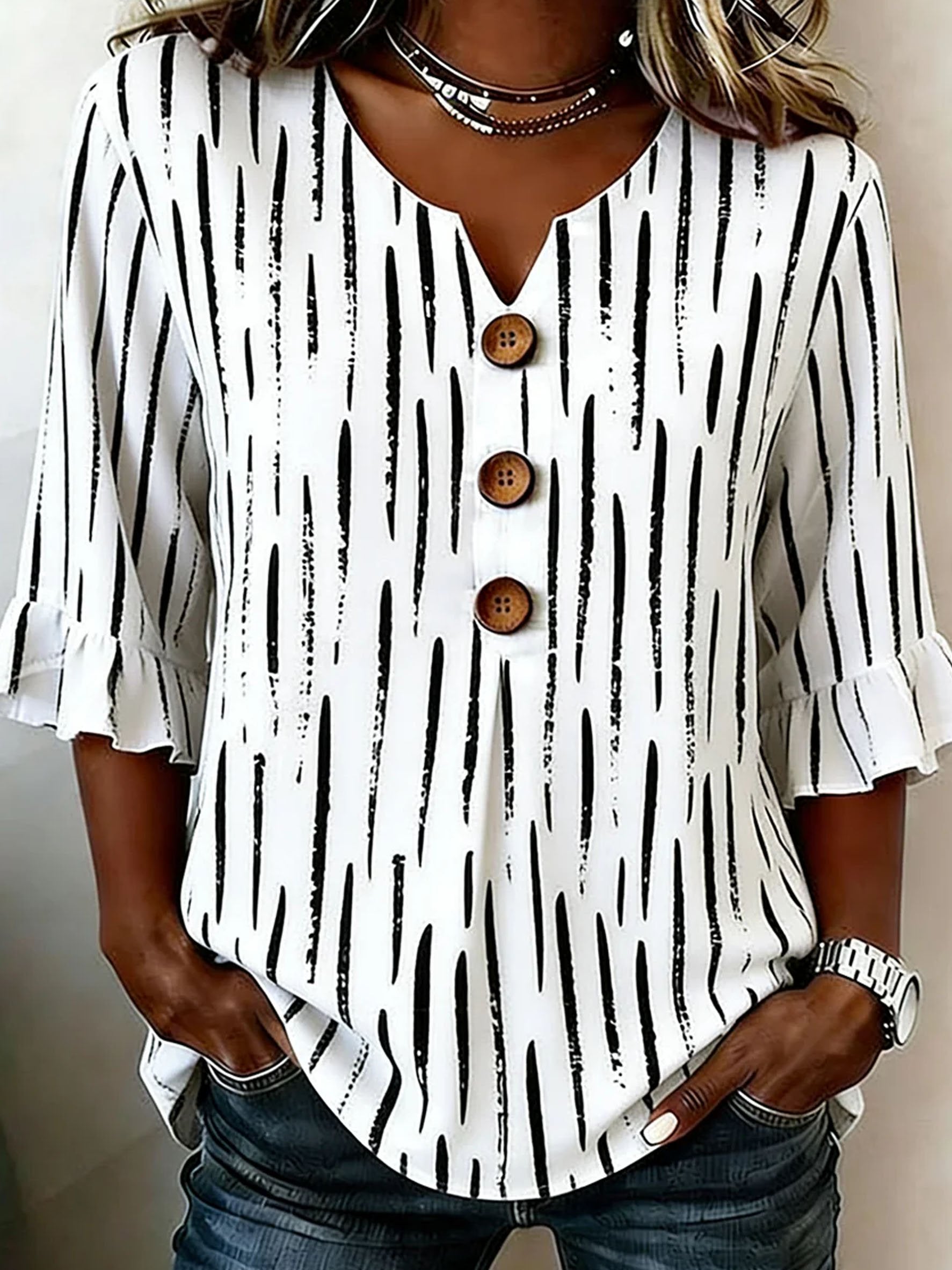 Women's Striped Pattern Half Ruffle Sleeve Blouse Summer V Neck Button Daily Going Out Vintage Top