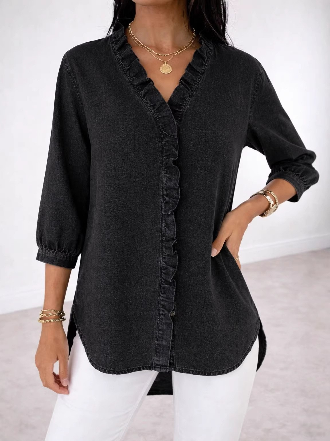 Denim Look/DenimEffect The Quarter Sleeve V Neck Ruffle Spring Summer Casual Blouse