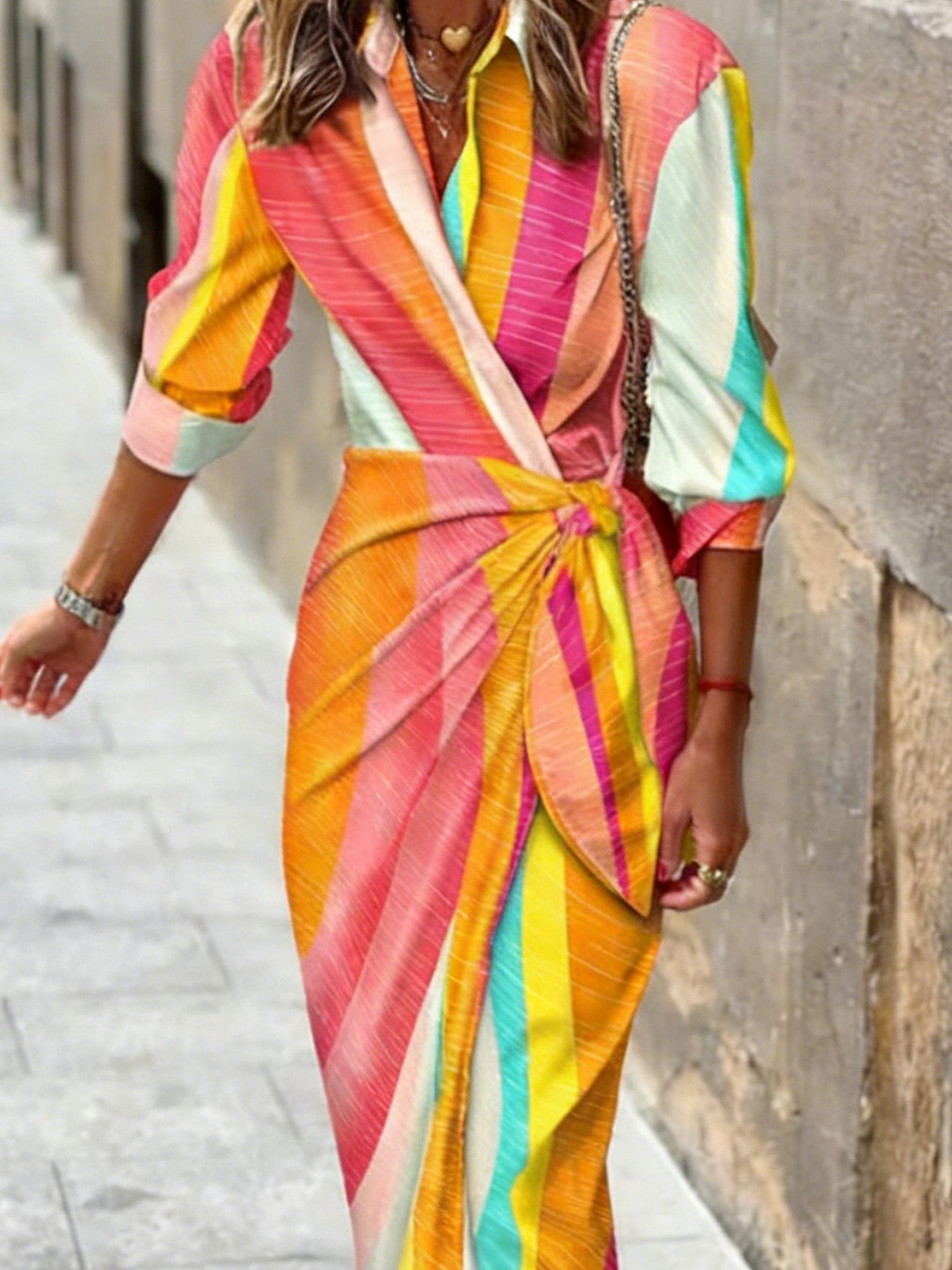 Abstract Stripe Printing V Neck Elegant Going Out Maxi Wrap Dress