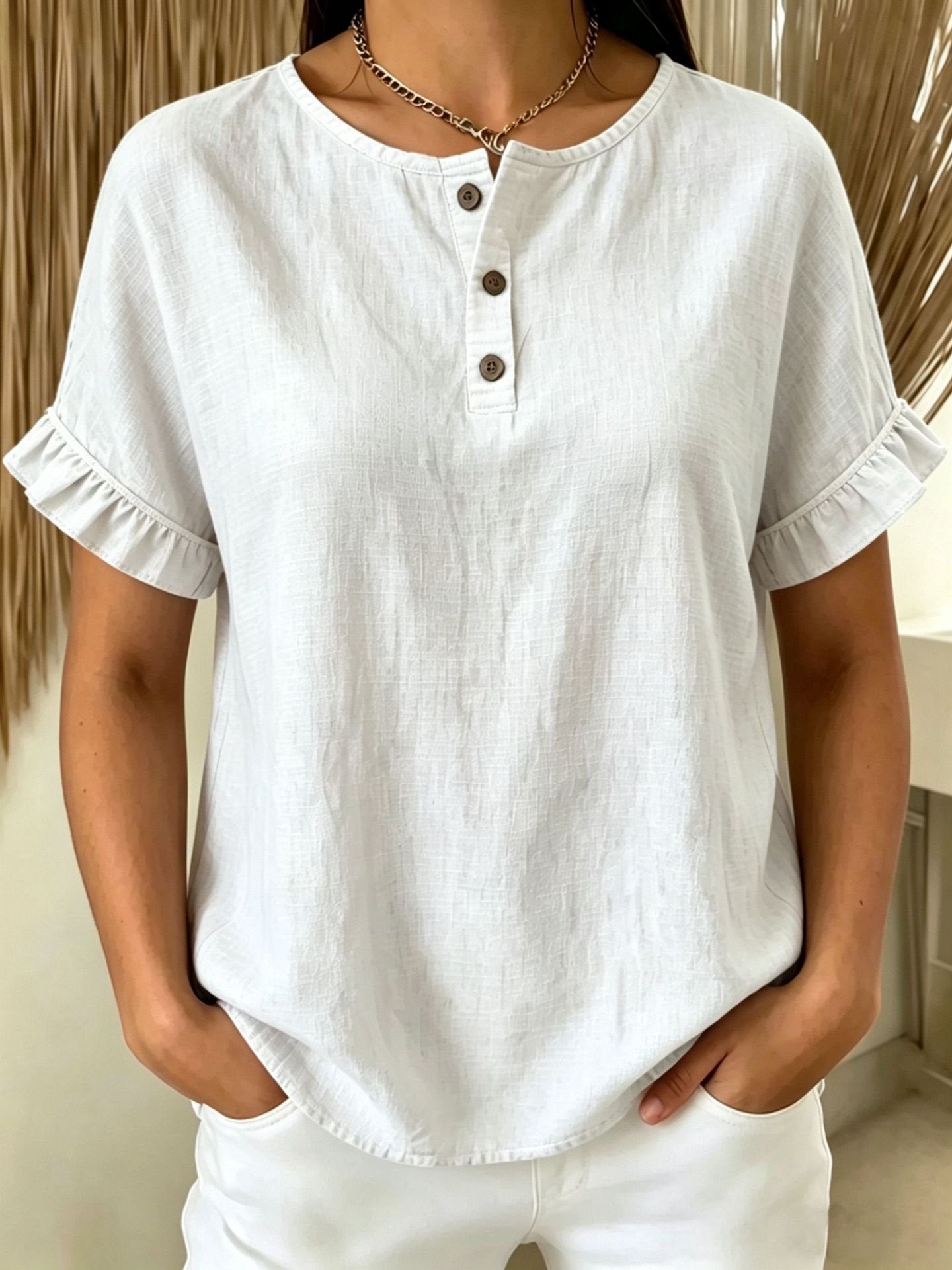Solid Ruffle Sleeve Henley Neck Button Down T-Shirt