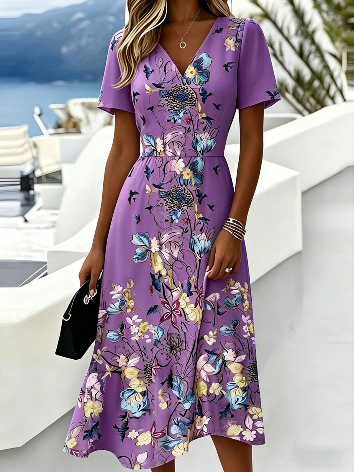 Women's Apricot Floral & Butterfly Print Midi Dress V-Neck Short Sleeve A-Line Casual Party Dress