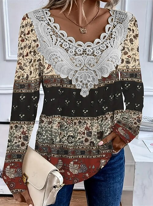 Women's Long Sleeve T-shirt Spring/Fall As Picture Abstract Printing Crew Neck Daily Going Out Casual Top