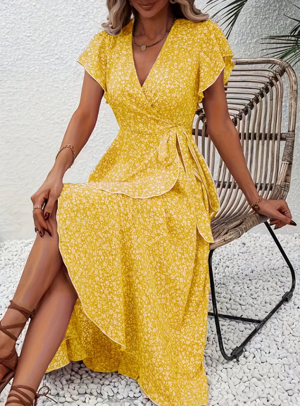 V Neck Ditsy Floral Regular Fit Elegant Dress With No