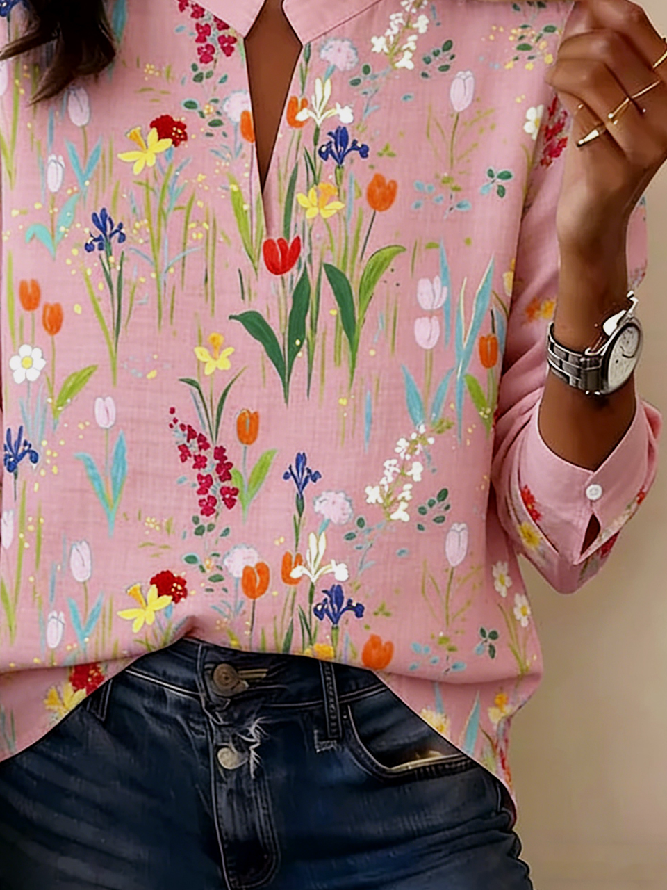 Floral Cotton-Blend Loose Elegant Shirt
