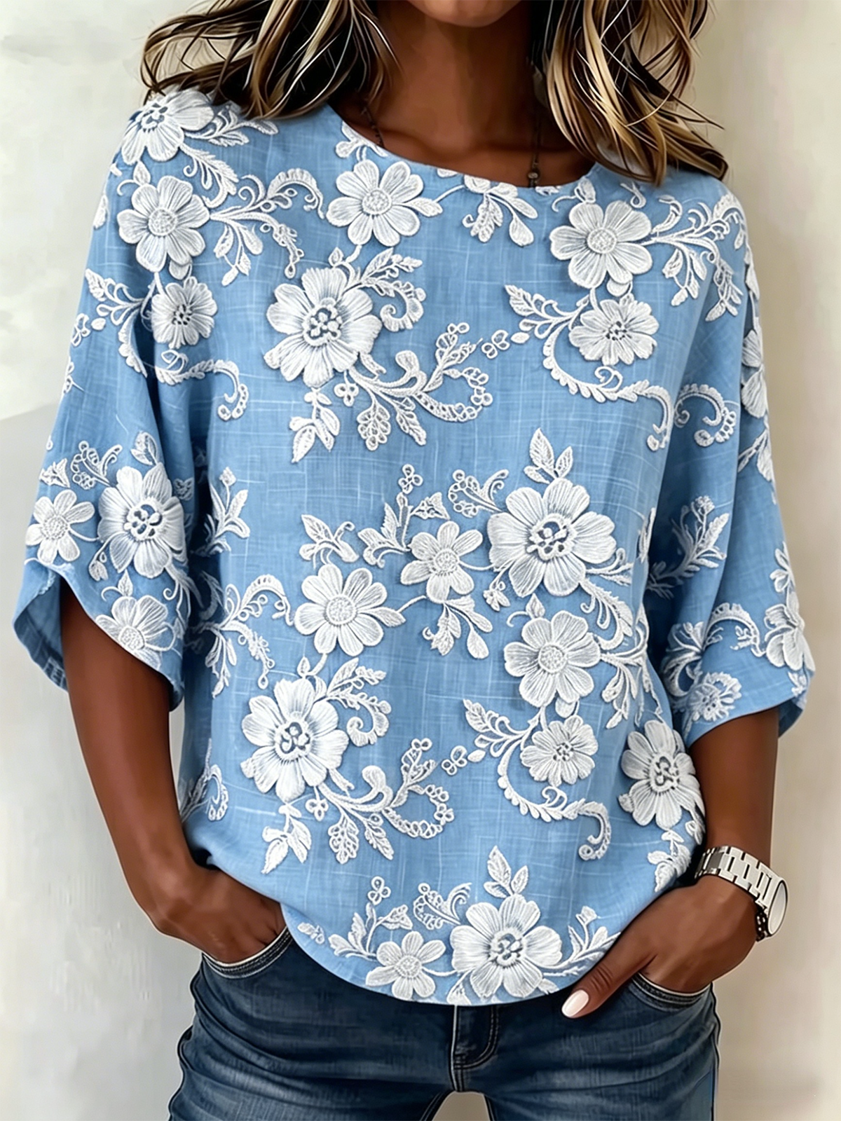 Light Brown 3D Flower Print Round Neck 3/4 Sleeve Blouse
