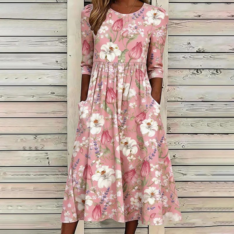 Loose Floral Elegant Crew Neck Dress With No