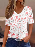 Women's Short Sleeve T-shirt Summer White Floral Printing V Neck Holiday Going Out Vintage Top