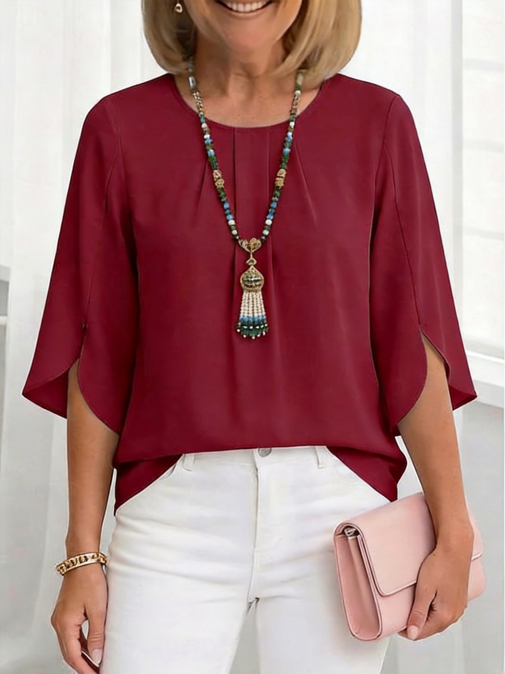 Solid Round Neck Ruffle Sleeve Loose Fit T-Shirt