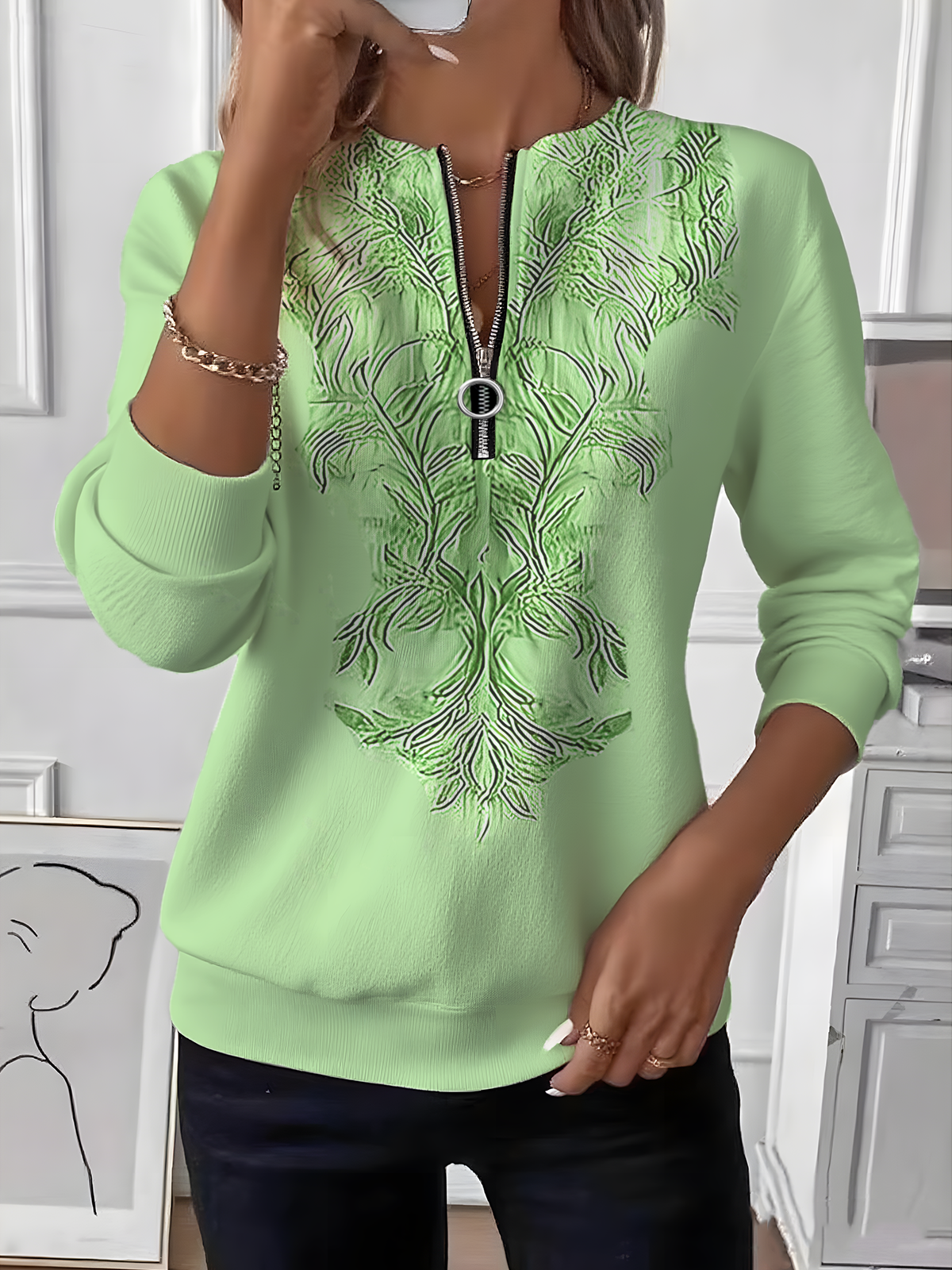 Women's Retro Art Graphic Design Everyday Long Sleeve Center Front Zip Sweatshirt