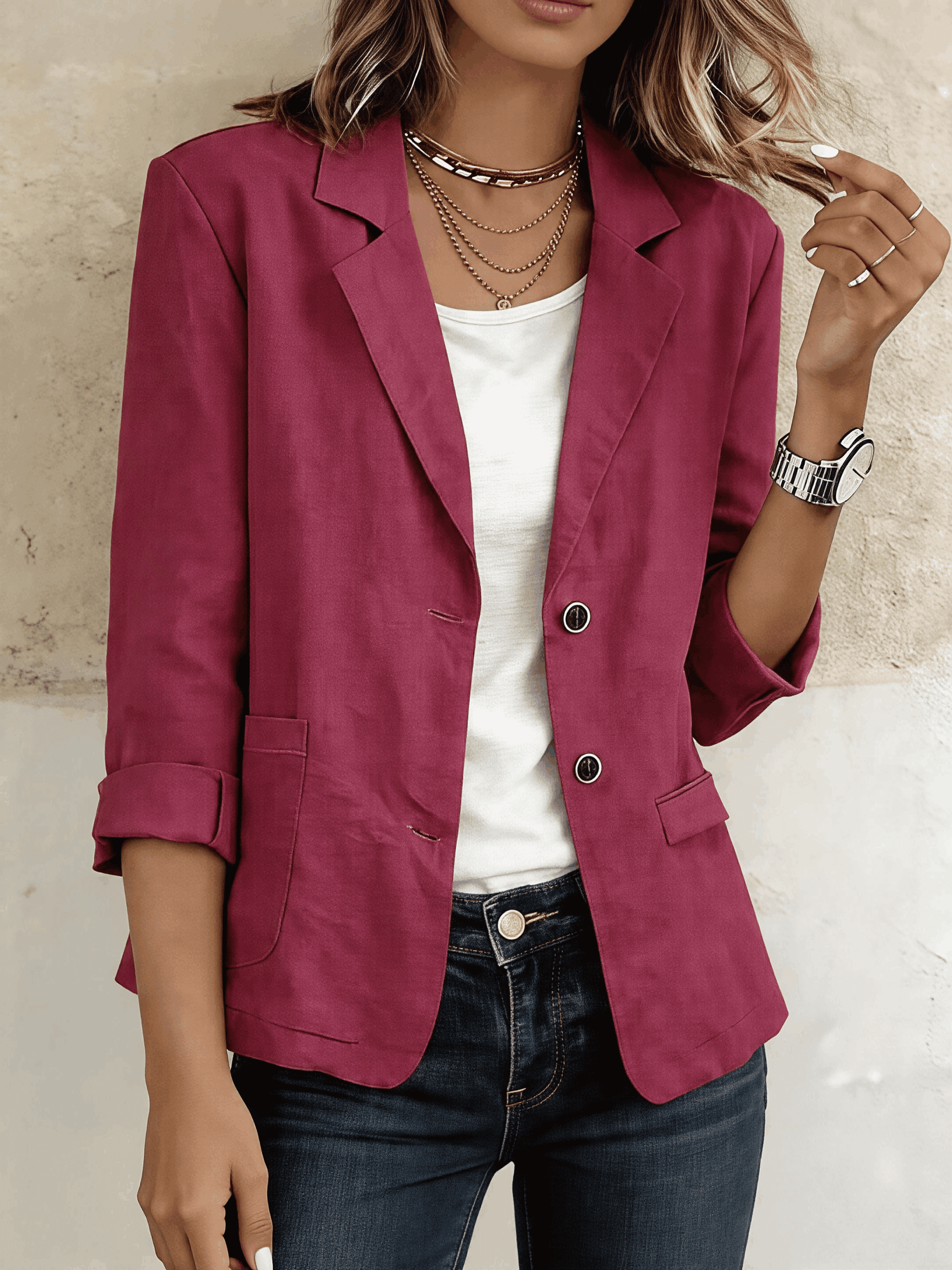 Cotton Linen Long Sleeve Lable Collar Button Pocket Casual Blazer