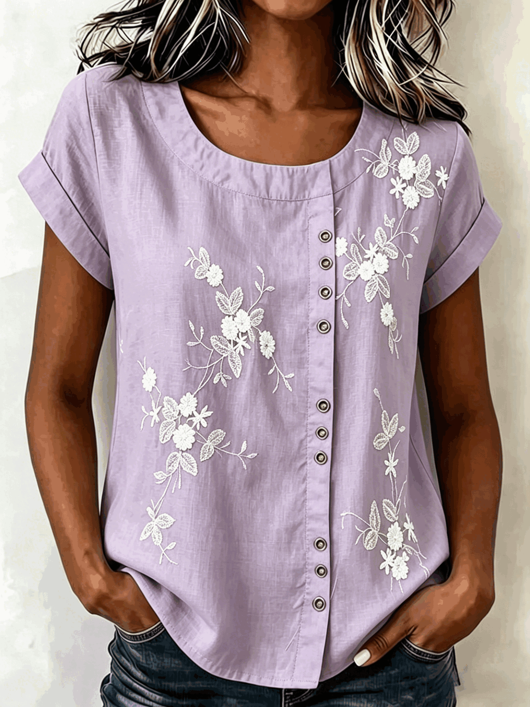 Women's 3D Floral Print Blouse Casual Short Sleeve Crew Neck Loose Button Down Shirt